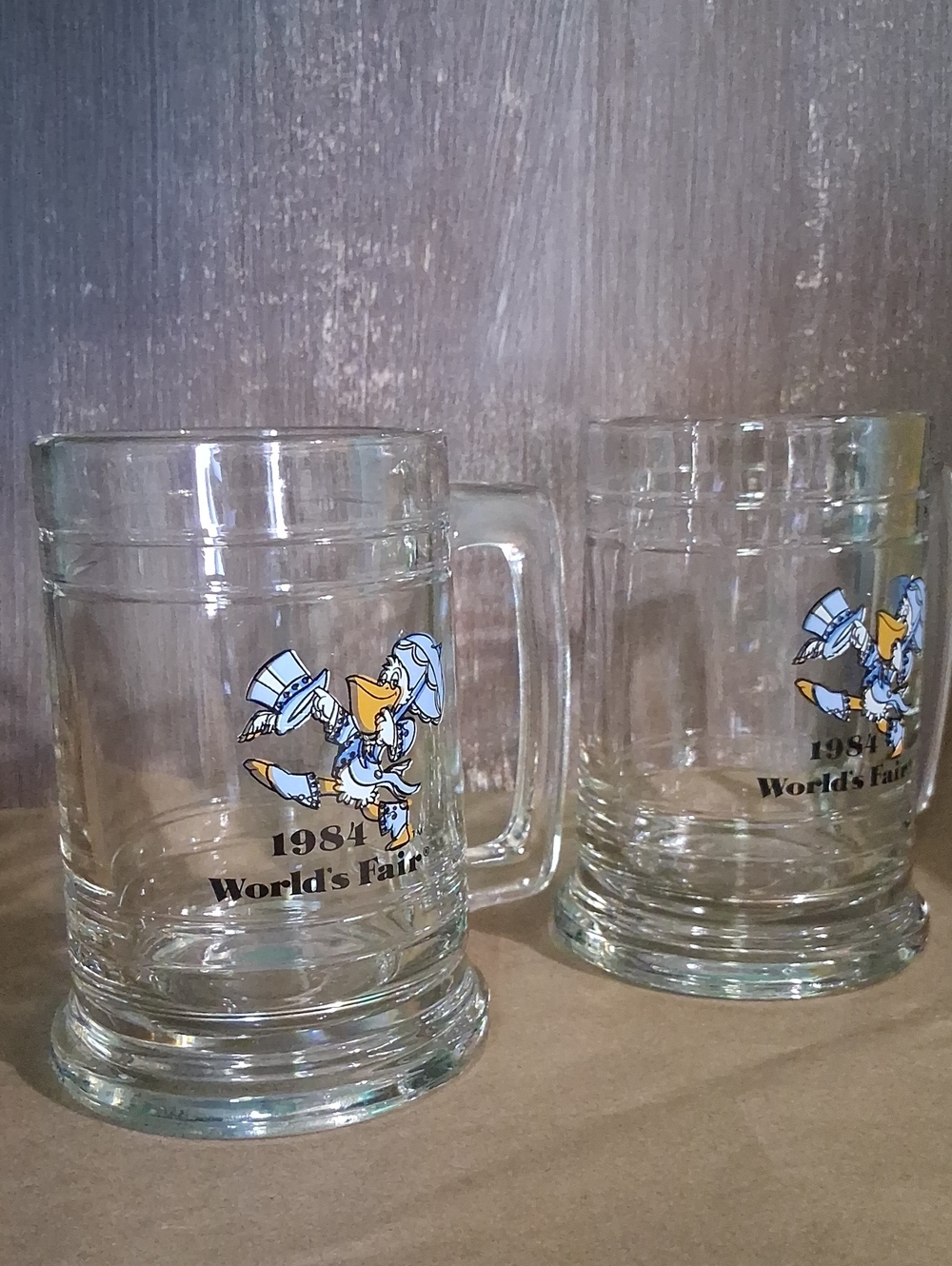 VTG 1984 World's Fair Heavy Glass Beer Mugs (2)